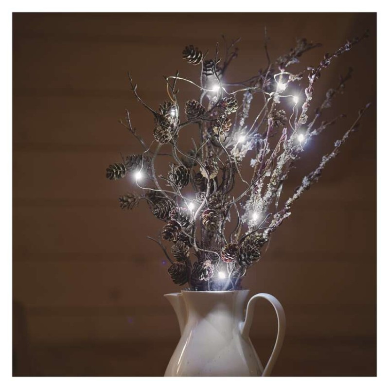 LED vianočná nano reťaz strieborná, 0,9 m, 2x AA, vnútorná, studená biela, časovač 3