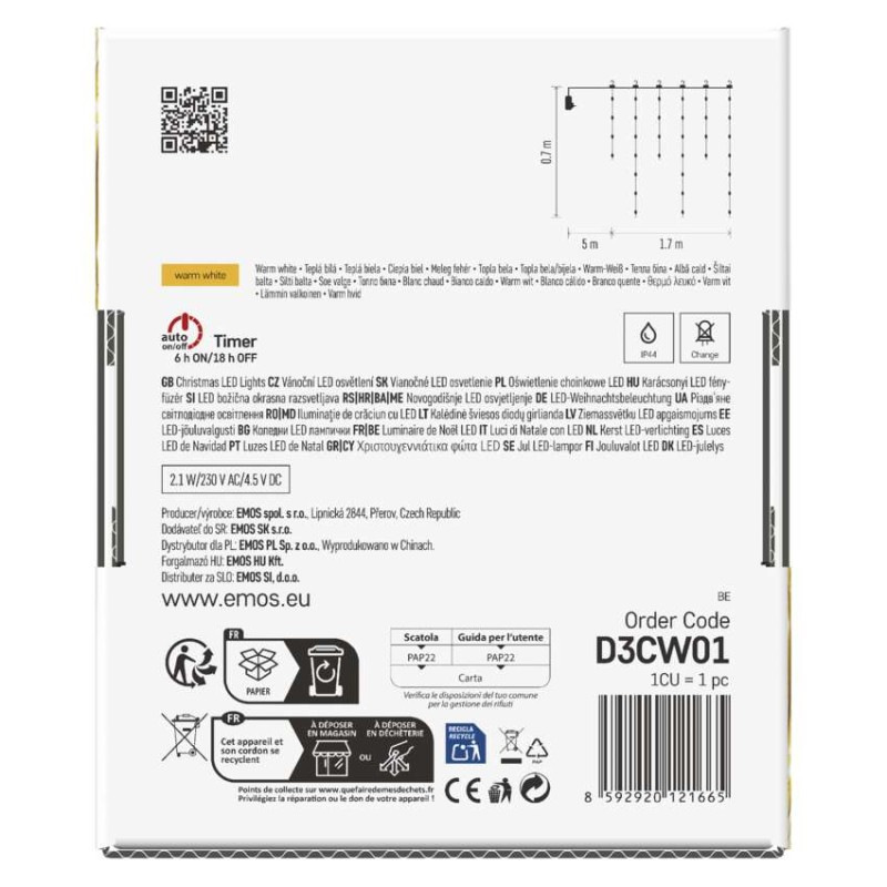 LED vianočná drop reťaz – cencúle, 1,7 m, vonkajšia aj vnútorná, teplá biela, programy 7
