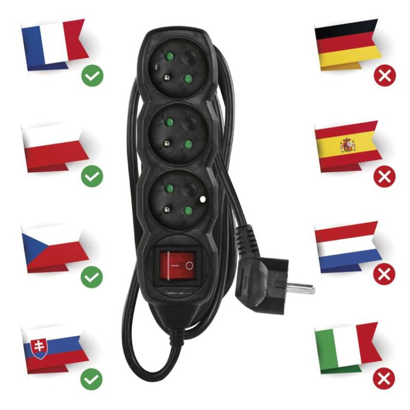 Predlžovací kábel 3 m / 3 zásuvky / s vypínačom / čierny / PVC / 1 mm2 1