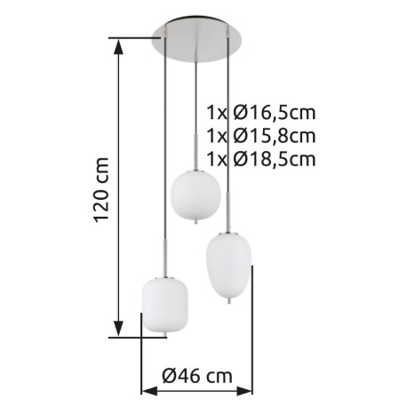 Závesné svietidlo kov nikel matný, sklo biele, kábel PVC čierny, možnosť nastavenia výšky, 3 rôzne s 7