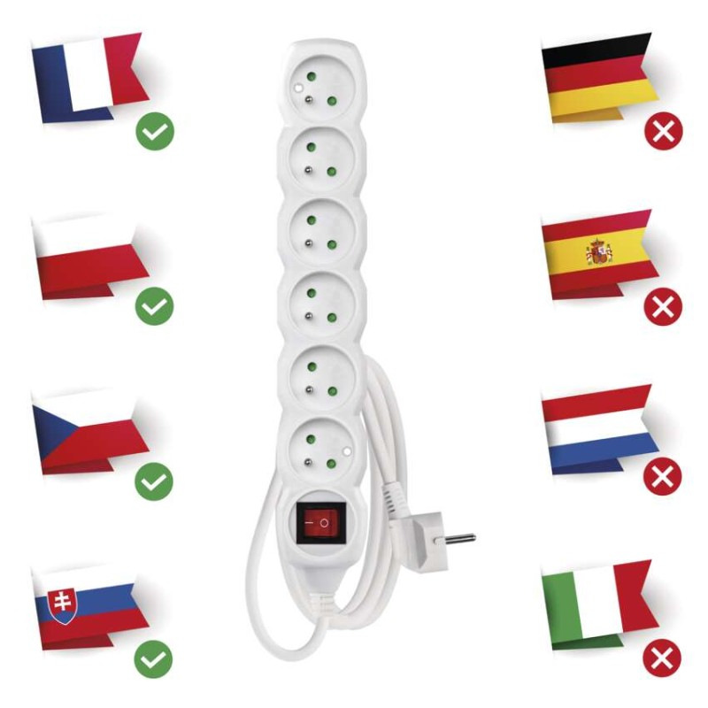 Predlžovací kábel 2 m / 6 zásuviek / s vypínačom / biely / PVC / 1 mm2 1