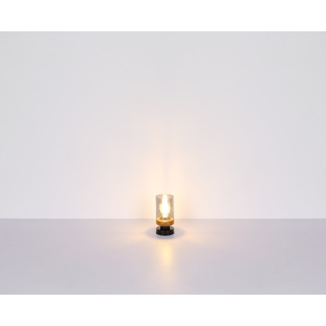 Stolová lampa, kov čierny, drevo, dymové sklo, čierny PVC kábel, s vypínačom na kábli, ø: 100mm, V:2 12