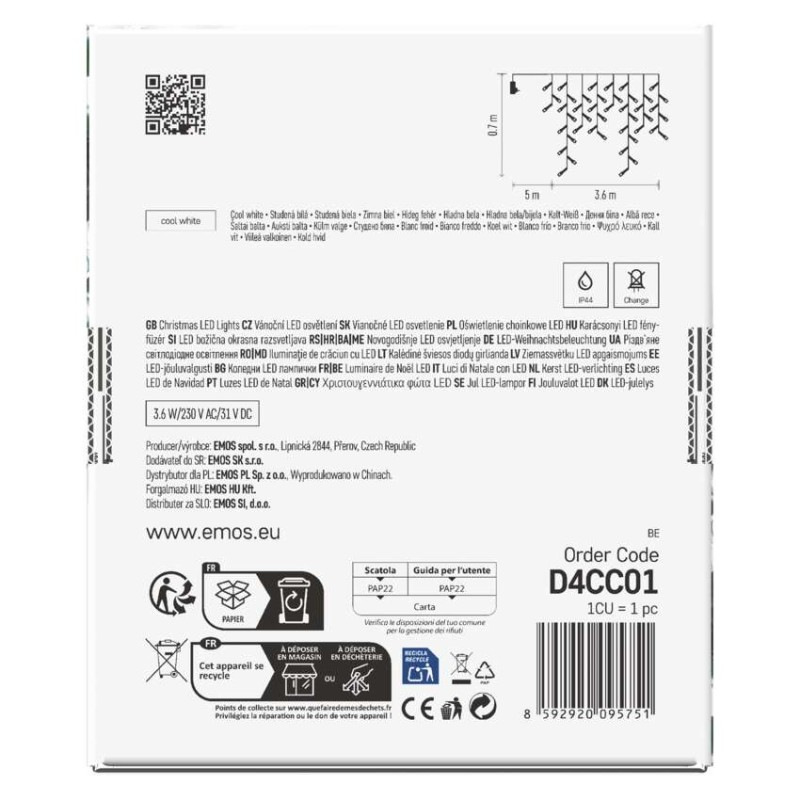 LED vianočné cencúle, 3,6 m, vonkajšie aj vnútorné, studená biela, programy 8