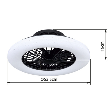 Ventilátor stropný, kov/plast čierny, akryl, stmievanie, fixácia farieb, nočné svetlo, časovač, diaľ 11