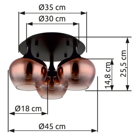 Stropné svietidlo, kov čierny, kov čierny chróm, sklo medenej farby, priehľadné, ø: 450mm, V: 255mm, 6