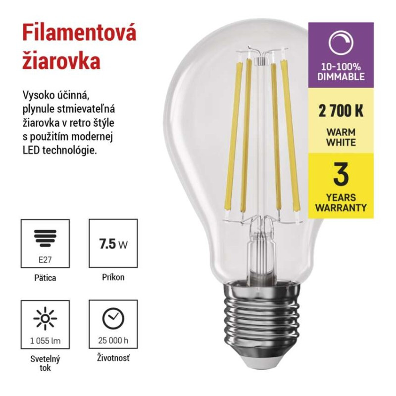 LED žiarovka Filament A60 / E27 / 7,5 W (75 W) / 1 055 lm / teplá biela / stmievateľná 2