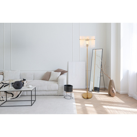 Stojanové svietidlo, kov zlatej farby, sklenené tyče biele, priehľadné, kábel PVC čierny, vyínač na 15