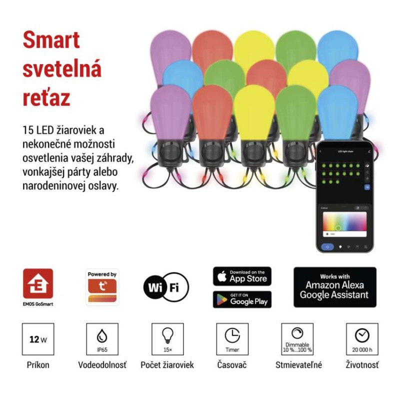 GoSmart LED svetelný reťazec – 15× párty žiarovky, 15 m, vonkajšie aj vnútorné, RGBIC WiFi 1
