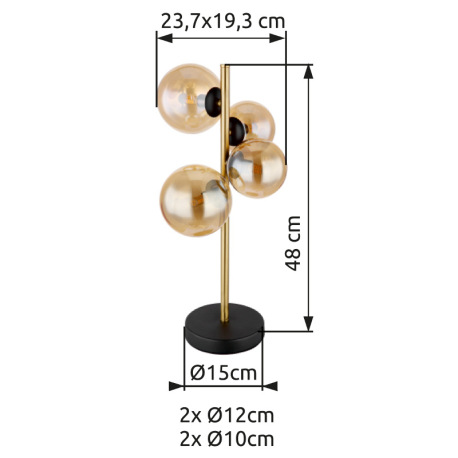 Stolová lampa, kov čierny, kov mosadz, sklo jantárové, s vypínačom na kábli, DxŠxV:240x190x480mm, dĺ 11
