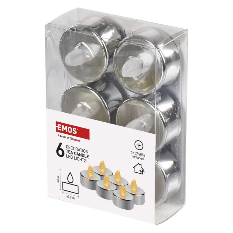 LED dekorácia – 6x čajová sviečka strieborná, 6x CR2032, vnútorná, vintage 1