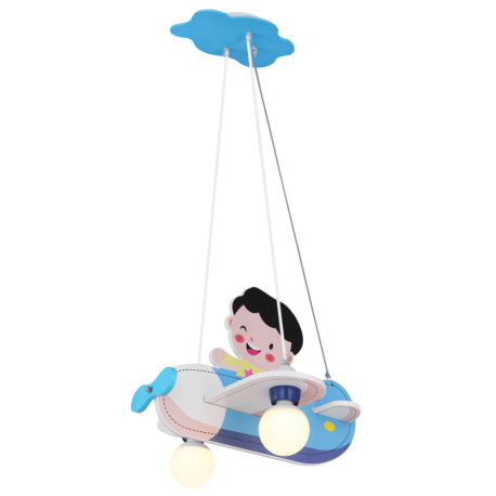 Závesné svietidlo, drevo, modrá biela, plast opál, lietadlo s chlapcom, DxŠxV: 430x400x1200, bez žia