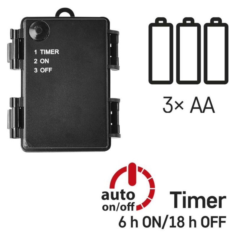 LED vianočná reťaz, 2,8 m, 3x AA, vonkajšia aj vnútorná, studená biela, časovač 5