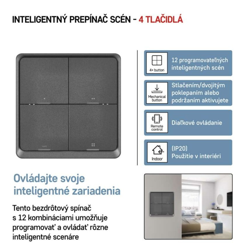 GoSmart Prenosný ovládač scén IP-2004ZB, ZigBee 3.0, 4-tlačidlový