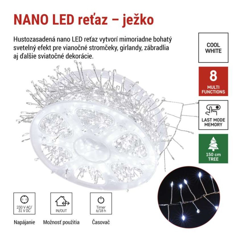LED nano reťaz na cievke, strieborný, 14,4 m, studená biela, časovač 1