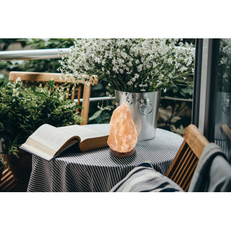 Stolná lampa soľný kryštál prírodná farba, drevo tmavohnedé, vypínač na kábli, ø: 120 mm, V: 190 mm, 4