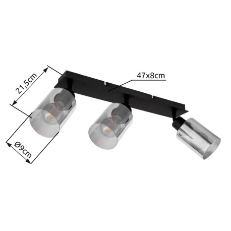 Stropné svietidlo, kov čierny, dymové sklo, DxŠxV:470x90x215mm, bez žiaroviek 3x E27, max. 15W 230V 12