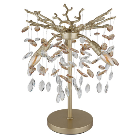 Stolové svietidlo, kov zlatej matnej farby, sklenené krištále jantárové, číre, kábel PVC, kolískový 3