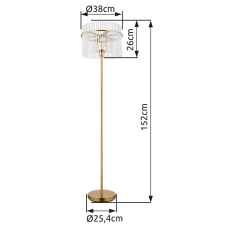 Stojanové svietidlo, kov zlatej farby, sklenené tyče biele, priehľadné, kábel PVC čierny, vyínač na 13