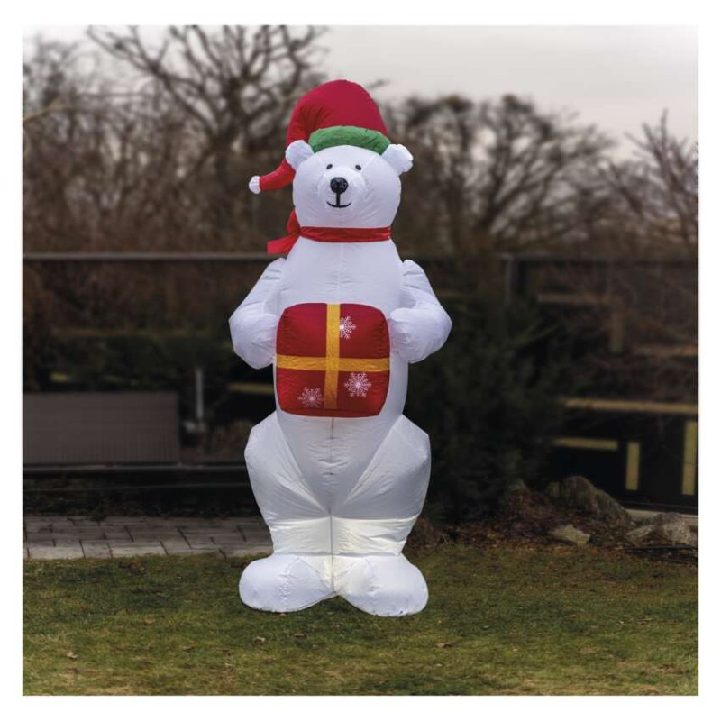 LED ľadový medveď s vianočným darčekom, nafukovací, 240 cm, vonk./vnút., studená biela 3