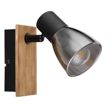 Nástenné svietidlo, drevo hnedé, kov čierny, dymové sklo, s vypínačom, ŠxV:70x140mm, H: 155mm, bez ž 14