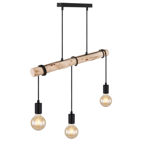 Závesné svietidlo, kov čierny, drevo, textilný kábel čierny, DxŠxV:600x50x1200mm, bez žiaroviek 3x E 7