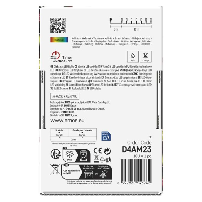 LED vianočná reťaz, 12 m, vonkajšia aj vnútorná, multicolor, programy, časovač 10