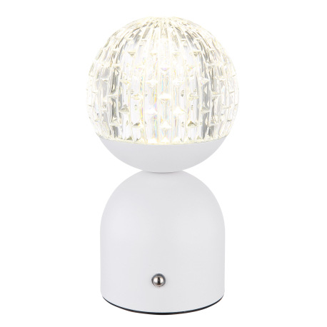 Nabíjateľná stolová lampa, kov biely, akryl číry, krištáľový efekt, stmievateľné, regulácia dotykové