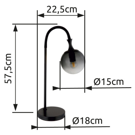 Stolové svietidlo, kov čierny matný, sklenená guľa dymovej farby, kábel PVC čierny, kolískový vypína 8