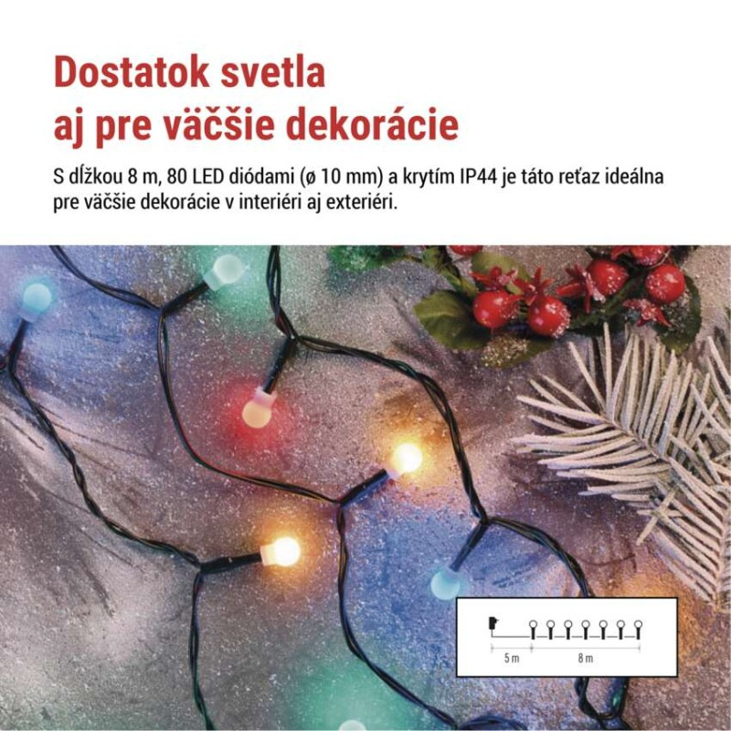 LED vianočná cherry reťaz–guličky, 8 m, vonkajšia aj vnútorná, multicolor,programy,časovač 1