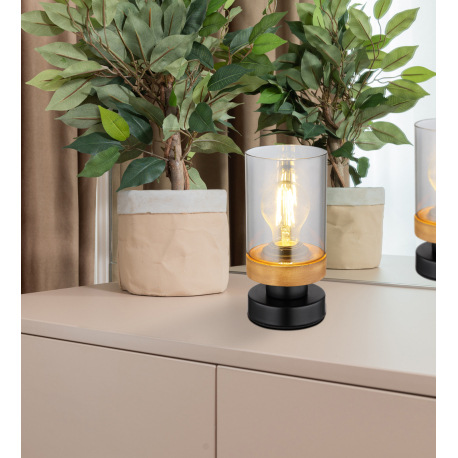 Stolová lampa, kov čierny, drevo, dymové sklo, čierny PVC kábel, s vypínačom na kábli, ø: 100mm, V:2 1