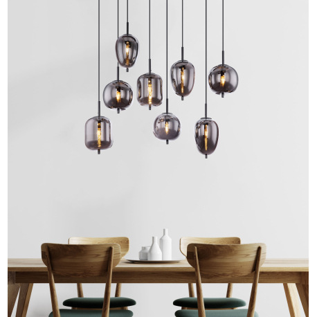 Závesné svietidlo, čierny kov, dymové sklo, rôzne tvary skla, DxŠxV: 940x340x1200, bez žiaroviek 8xE 1