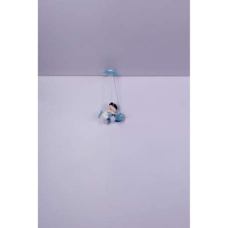 Závesné svietidlo, drevo, modrá biela, plast opál, lietadlo s chlapcom, DxŠxV: 430x400x1200, bez žia 10