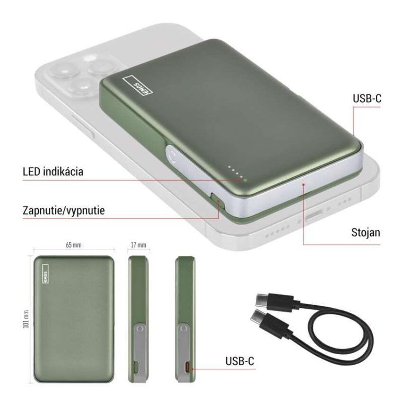 Power bank EMOS WI 1031, 10 000 mAh, 20 W+Wireless, army-green 5