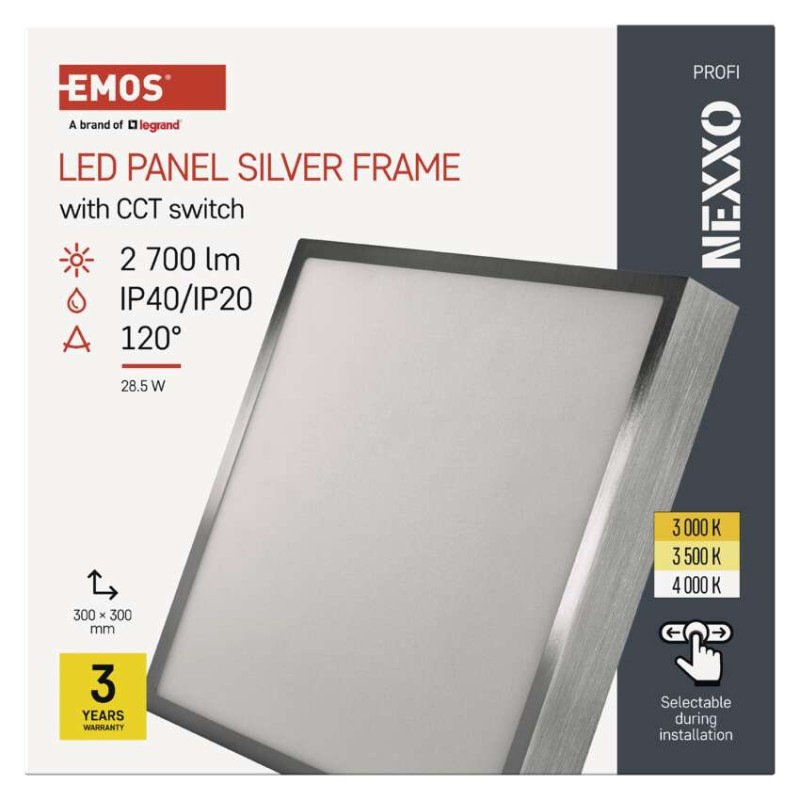 LED prisadené svietidlo, štvorec, strieborné, 28,5W, CCT 9