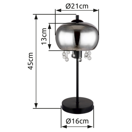 Stolová lampa, kov čierny matný, sklo dymové, sklenené krištále priehľadné, kábel textil čierny, kol 8