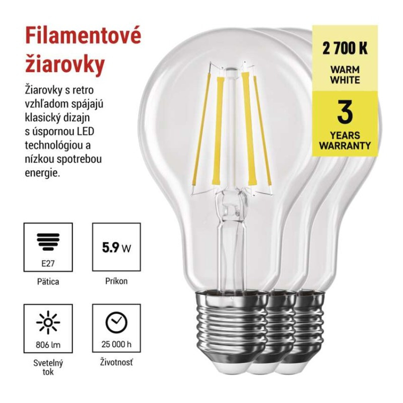 LED žiarovka Filament A60 / E27 / 5,9 W (60 W) / 806 lm / Teplá biela 1