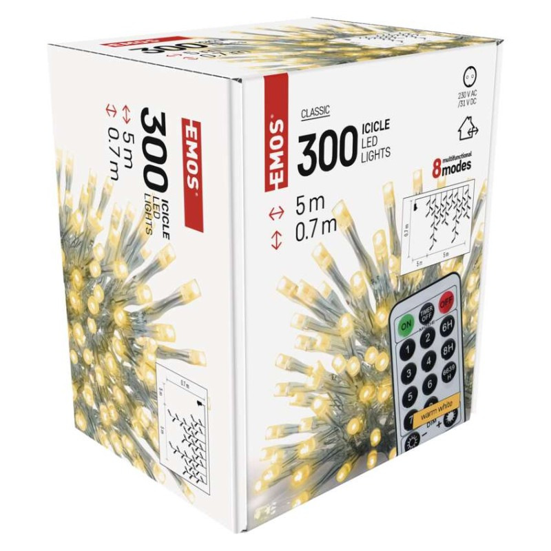 LED vianoč. cencúle, 5 m, vonkajšie aj vnútorné, teplá biela, ovládač, programy, časovač 9