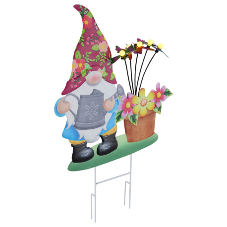 Solárne svietidlo, kov farebný, plast, posuvný spínač, batéria AAA 400mAh 1,2V, IP44, trpaslík s kve