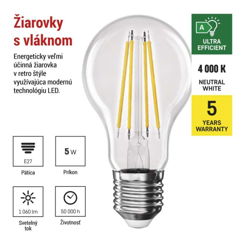 LED žiarovka Filament A60 A CLASS/ E27 / 5 W (75 W) / 1 060 lm / neutrálna biela 1