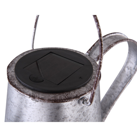 Solárne svietidlo, kov strieborný, kov čierny, plast priehľadný, kanvica s hrotom na zapichnutie do 13