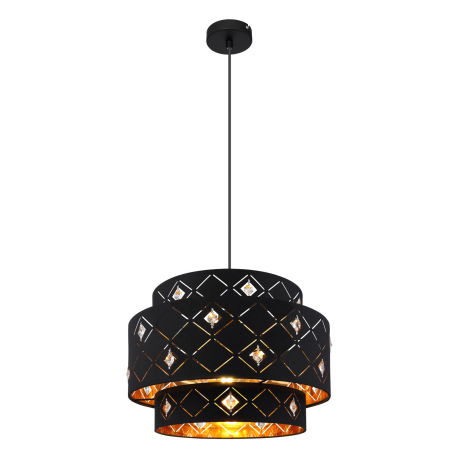 Závesné svietidlo, kov čierny, textil čierny, akrylové krištále priehľadné, tienidlo z vnútra zlaté,