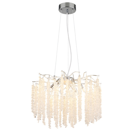 Závesné svietidlo, kov chróm, pochrómovaný hliník, číre plastové krištále, priehľadný PVC kábel, výš