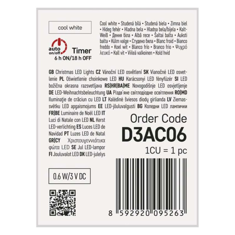 LED vianočná nano reťaz strieborná, 0,9 m, 2x AA, vnútorná, studená biela, časovač 9