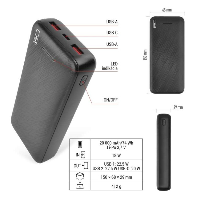Power bank EMOS AlphaQ3, 20 000 mAh, 22,5 W, čierny 5