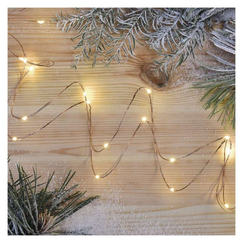 LED vianočná nano reťaz medená, 0,9 m, 2x AA, vnútorná, teplá biela, časovač 3