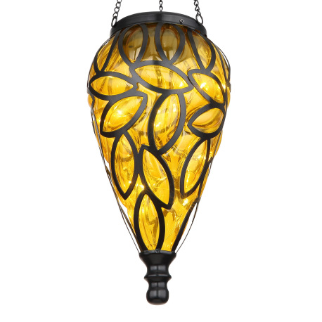 Solárne svietidlo, kov čierny, plast čierny, plast jantár, IP44, ozdobná kvapka na zavesenie, akumul 5