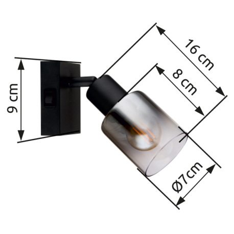Nástenné svietidlo, kov čierny matný, dymové sklo s prechodom do priehľadného skla, kolískový vypína 8