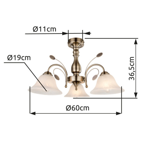 Stropné svietidlo, mosadz, sklo biele alabaster, Ø 600, V:365, bez žiaroviek 3xE27, max. 60W 230V. 2