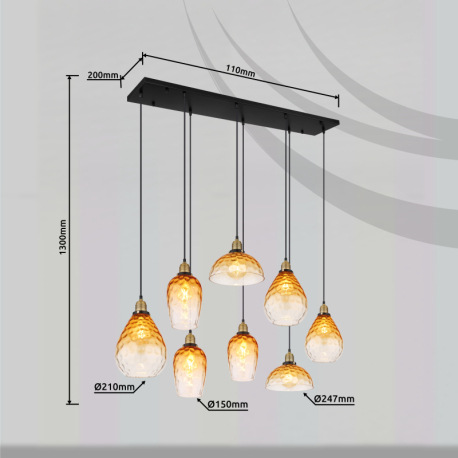 Závesné svietidlo, kov čierny matný, sklo jantárové/číre, kov mosadzný matný, kábel PVC čierny, možn 7