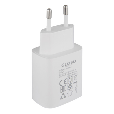 Matný biely plast, sieťová zástrčka 5W 5V DC/1A s výstupom USB A a USB-C, DxŠxV: 80x41x29mm 2